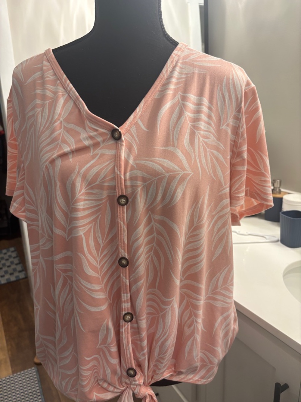 Peach Leaf-Print Button Front Tie Blouse